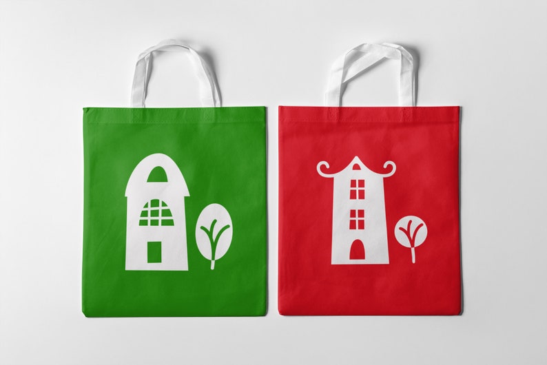 May include: Two reusable tote bags with white handles. The bag on the left is green with a white silhouette of a house and a tree. The bag on the right is red with a white silhouette of a tall house with a tree.