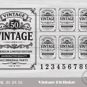 May include: Black and white vintage birthday design elements. Includes a large banner with "Vintage 50", and smaller designs for ages 40, 60, 70, 80, 90, and 100. Also includes numbers 1-0.