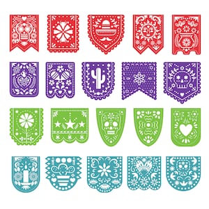 Może przedstawiać: Zestaw 20 kolorowych wycinanek papierowych, znanych jako "papel picado", z tradycyjnymi meksykańskimi wzorami. Wzory obejmują czaszki, kwiaty, kaktusy, gwiazdy, serca i inne świąteczne motywy. Te papierowe banery idealnie nadają się do dekoracji na imprezę lub uroczystość.