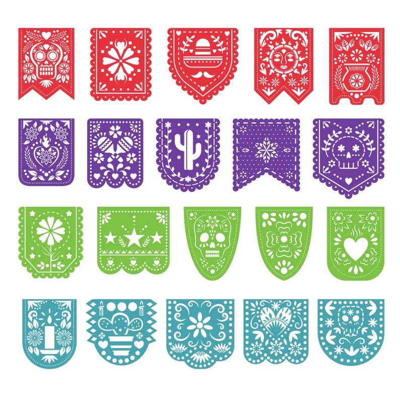 Może przedstawiać: Zestaw 20 kolorowych wycinanek papierowych, znanych jako "papel picado", z tradycyjnymi meksykańskimi wzorami. Wzory obejmują czaszki, kwiaty, kaktusy, gwiazdy, serca i inne świąteczne motywy. Te papierowe banery idealnie nadają się do dekoracji na imprezę lub uroczystość.