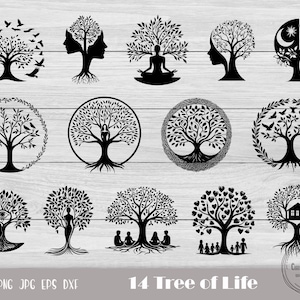 Könnte beinhalten: Ein Set mit 14 Schwarzweiß-SVG-Designs für den Baum des Lebens. Die Designs beinhalten verschiedene Elemente, darunter Vögel, Herzen, eine Mondsichel, ein Haus und eine meditierende Figur.