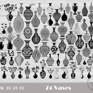May include: A collection of 74 black and white vase silhouettes. The vases are of various shapes and sizes, including round, square, and rectangular. Some of the vases have intricate designs, while others are simple and elegant.