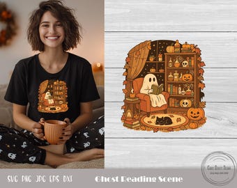 Bookful Halloween, Autumnal Bookish, Wizard Ghost Png, Ghost Book Nerd Png, Ghost Reading Svg, Haunted Book Lover, Pumpkin Bookish Png