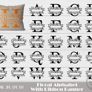 May include: Floral alphabet with ribbon banner design. Each letter is decorated with flowers and a banner for personalization. The letters are black and white.