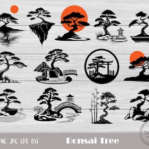 Puede incluir: Una colección de 12 diseños de silueta en blanco y negro de árboles bonsai. Los diseños incluyen varios estilos de árboles bonsai, incluidos árboles con rocas, puentes y pagodas. El texto "Bonsai Tree" está en la parte inferior de la imagen.
