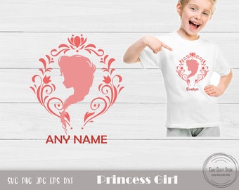 May include: Pink silhouette of a princess with a floral design around her. The text "ANY NAME" is below the design. The design is on a white t-shirt.