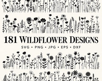 May include: A collection of 181 black wildflower designs arranged in rows on a light background. The text 181 WILDFLOWER DESIGNS SVG PNG JPG EPS DXF is centered in the middle of the image, featuring various floral and botanical silhouettes.