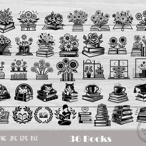 May include: A set of 36 black and white book-themed SVG cut files. The designs include books with flowers, cats, coffee cups, and other decorative elements. The text "36 Books" is at the bottom of the image.
