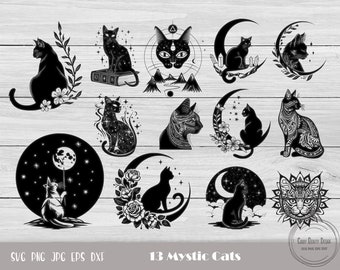 Mystic Cat Svg, Mystic Moon Svg, Half Moon Svg, Moon Phase Svg, Moon Cat, Celestial Svg, Black Cat Svg, Celestial Cat Svg, Instant Download