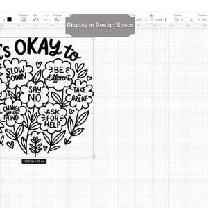 Op de afbeelding: Zwart-wit grafisch ontwerp met de tekst "It's OKAY to" en verschillende zinnen zoals "Slow Down", "Be Different" en "Ask for Help". Het ontwerp is ongeveer 267 x 180 cm groot.