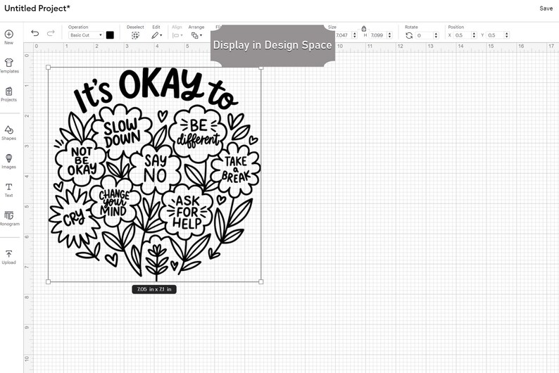 Op de afbeelding: Zwart-wit grafisch ontwerp met de tekst "It's OKAY to" en verschillende zinnen zoals "Slow Down", "Be Different" en "Ask for Help". Het ontwerp is ongeveer 267 x 180 cm groot.