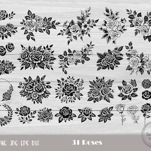 Peut inclure: Un ensemble de 31 illustrations de roses en noir et blanc. Les roses sont dans différents styles, y compris des bouquets, des couronnes et des roses simples. Les illustrations sont parfaites pour l'artisanat, le scrapbooking et autres projets créatifs.