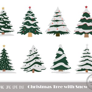May include: Eight different illustrations of Christmas trees with snow. The trees are green with white snow on the branches. Some trees have red and gold ornaments. The trees are on a white background.