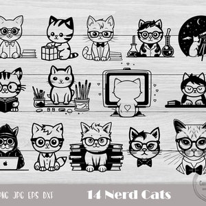 14 Cat Cut File, Nerd Cat Svg, Cat Cutting File, Kawaii Cut Files, Geek Cat Cut File, Book Nerd Svg, Cat Book Lover Svg, Book Nerd Svg