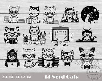 14 Archivo de corte de gato, Nerd Cat Svg, Archivo de corte de gato, Archivos de corte Kawaii, Archivo de corte de gato geek, Libro Nerd Svg, Cat Book Lover Svg, Libro Nerd Svg