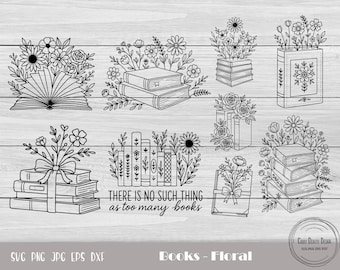 Könnte beinhalten: Schwarz-weiße Illustration von Büchern und floralen Arrangements. Das Bild zeigt offene und geschlossene Bücher, Bücherstapel und Bücher mit Blumen. Der Text lautet: "THERE IS NO SUCH THING as too many books."