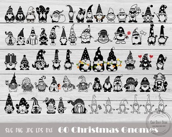 May include: A set of 60 black and white Christmas gnome SVG cut files. The gnomes are in various poses, including holding presents, wearing hats, and carrying candy canes. The text "SVG PNG JPG EPS DXF 60 Christmas Gnomes" is at the bottom of the image.
