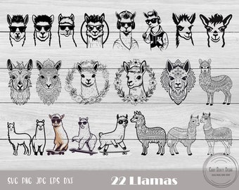 Peut inclure: Un ensemble de 22 illustrations de lamas en noir et blanc. Les lamas sont dans différentes poses, y compris le port de lunettes de soleil, d'écouteurs et la conduite de planches à roulettes. Les illustrations sont parfaites pour les projets d'artisanat, le scrapbooking et la conception numérique.