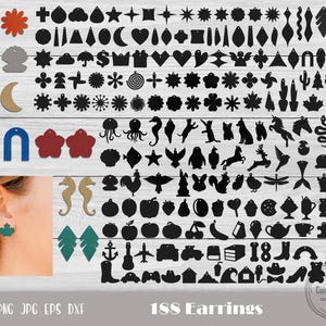 May include: A collection of 188 earring designs, including hearts, stars, flowers, animals, and geometric shapes. The designs are shown in black and white silhouettes on a wooden background.