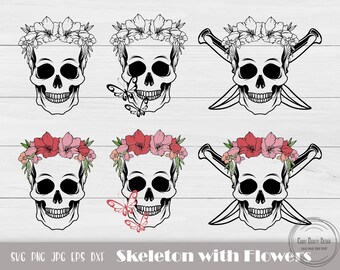 Floral Skull Svg, Skeleton Svg, Flower Skull Svg, Skull Cut Files, Cute Skeleton Svg, Halloween Cut Files, Instant Download