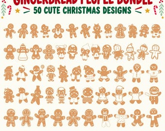 May include: A digital collection titled GINGERBREAD PEOPLE BUNDLE 50 CUTE CHRISTMAS DESIGNS featuring fifty unique brown gingerbread cookie illustrations arranged in five rows, decorated with white icing details and festive holiday accessories.
