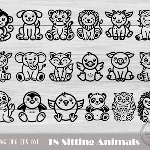 Puede incluir: Un conjunto de 18 ilustraciones en blanco y negro de animales sentados. Los animales incluyen un mono, un perro, un tigre, un león, una cabra, un caballo, una jirafa, un elefante, un zorro, un pato, un cerdo, un gato, una foca, un pingüino, un pollito, un panda, un búho y un erizo.