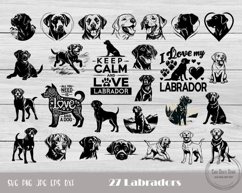 Peut inclure: Une collection de 27 motifs de Labrador Retriever en noir et blanc. Les images pr&eacute;sentent diverses poses, silhouettes et &eacute;l&eacute;ments textuels tels que "Keep Calm and Love Labrador" et "I Love my Labrador". Formats : SVG, PNG, JPG, EPS et DXF.