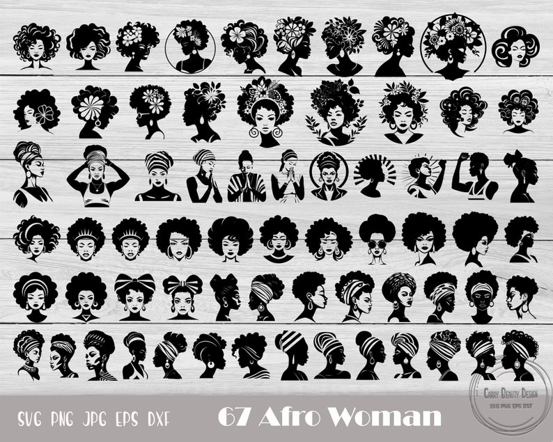 May include: A set of 67 black and white silhouette images of women with afro hairstyles. The images feature different hairstyles, head wraps, and facial expressions. The images are perfect for crafting, scrapbooking, and digital design.