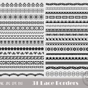 May include: A set of 31 black and white lace border designs. The borders are arranged in rows and are all different styles. The text "31 Lace Borders" is at the bottom of the image.