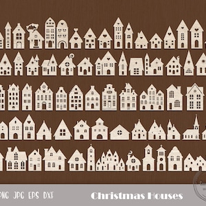 Può includere: Una collezione di case di Natale bianche, finemente ritagliate, in vari stili architettonici, su uno sfondo marrone scuro. L'immagine include il testo "Christmas Houses" e le opzioni di tipo di file.