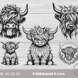 May include: A set of five black and white digital illustrations of Highland cows. The cows are depicted in various poses, including a cow with its tongue sticking out, a cow with a floral crown, and a cow with a floral wreath around its head.