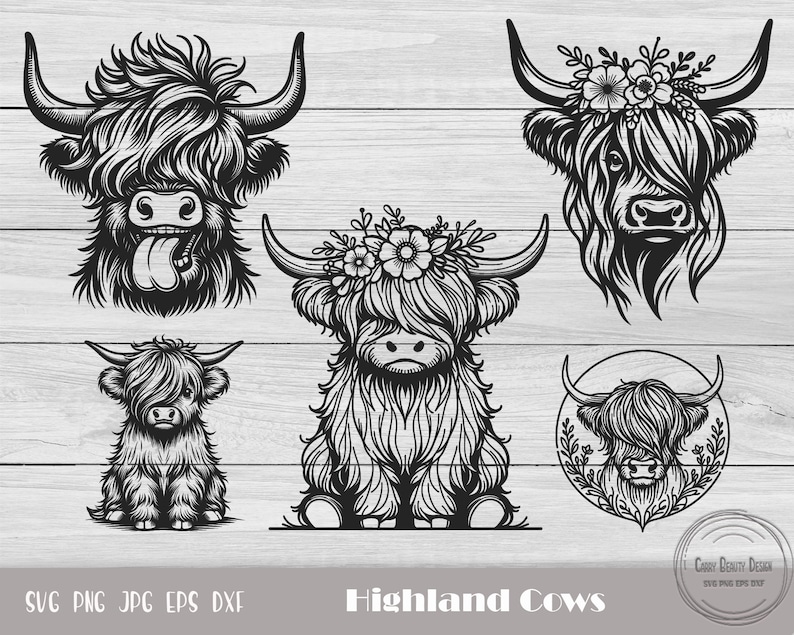 May include: A set of five black and white digital illustrations of Highland cows. The cows are depicted in various poses, including a cow with its tongue sticking out, a cow with a floral crown, and a cow with a floral wreath around its head.