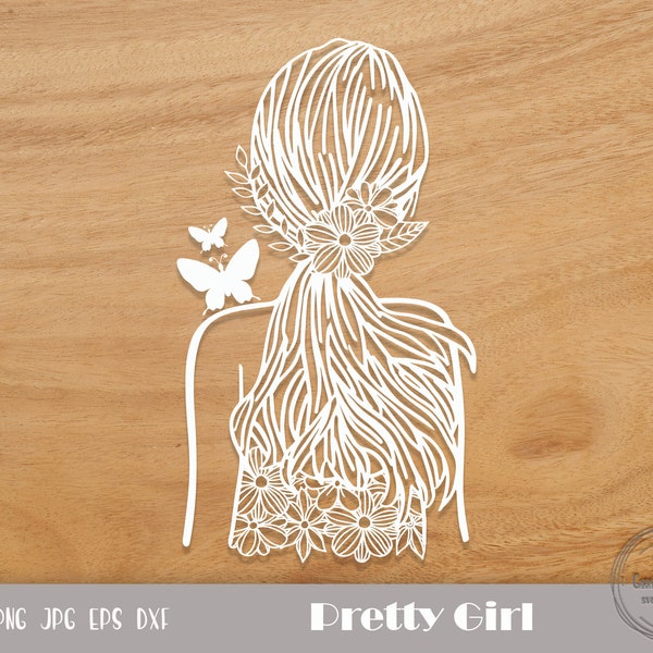 Jolie fille svg, floral girl svg, trendy women svg, flower woman svg, flower hair svg, feminine line art, téléchargement instantané