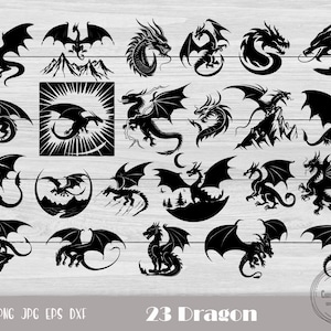 Puede incluir: Un conjunto de 23 ilustraciones de siluetas de dragones en blanco y negro. Los dragones están en varias poses, incluyendo volando, de pie y enroscados. Las ilustraciones son perfectas para usar en proyectos de manualidades, scrapbooking o diseño digital.