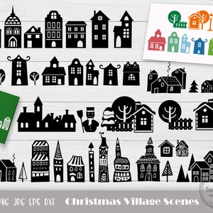 May include: Black and white silhouette illustrations of various Christmas village scenes, including houses, trees, and snowmen. The illustrations are perfect for crafting, scrapbooking, and other creative projects.