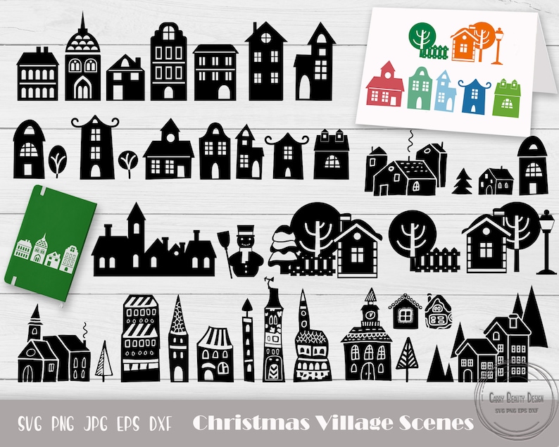 May include: Black and white silhouette illustrations of various Christmas village scenes, including houses, trees, and snowmen. The illustrations are perfect for crafting, scrapbooking, and other creative projects.