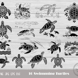May include: A collection of 16 black and white swimming turtle illustrations in various poses. Some turtles are shown with decorative shell patterns, and others are swimming with fish and aquatic plants. The text "16 Swimming Turtles" is at the bottom.