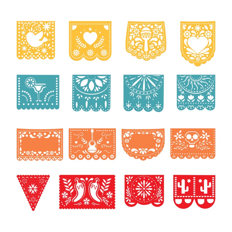 Może przedstawiać: Zestaw 15 kolorowych wycinanek papierowych, czyli "papel picado", w r&oacute;żnych kształtach i wzorach. Wycinanki przedstawiają tradycyjne meksykańskie motywy, takie jak serca, kwiaty, instrumenty muzyczne i czaszki. Idealne do dekoracji na imprezę lub uroczystość.