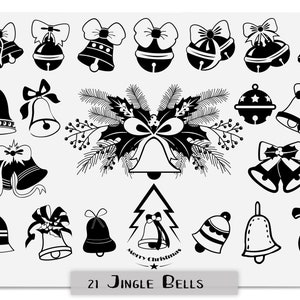 Op de afbeelding: Een set van 21 zwart-witte jingle bell illustraties. De bellen zijn in verschillende vormen en maten, sommige met strikken en sommige met hulstbladeren. De tekst "21 Jingle Bells" staat onderaan de afbeelding.