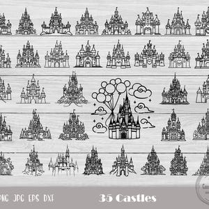 May include: A set of 35 black and white castle silhouette illustrations. The castles are in various styles, including traditional, fairytale, and modern. The illustrations are perfect for use in crafting, scrapbooking, and digital design.