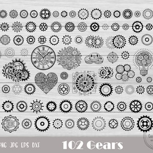 Puede incluir: Una colección de 102 diseños de engranajes en blanco y negro, incluyendo un reloj, un corazón, una bombilla y varios otros engranajes. Los diseños están sobre un fondo de madera. SVG PNG JPG EPS DXF 102 Gears
