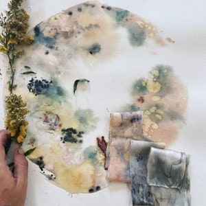 Pode incluir: Uma pintura em aquarela com um design circular em tons de verde, amarelo e rosa. A pintura é cercada por quatro pedaços de tecido em tons de azul e verde.