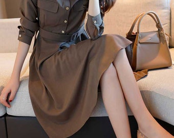 Korean Fashion Dress Style | Office Causal Dress | Collared Shirt Dress for Women | Spring/Winter Dress | Long Sleeve Collared Dress Winter