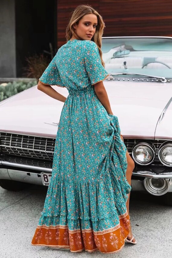 Summer Boho Vintage Dress Tie Waist 