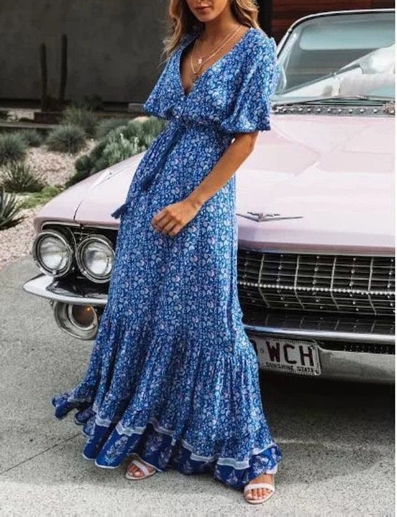 Summer Boho Vintage Dress Tie Waist 