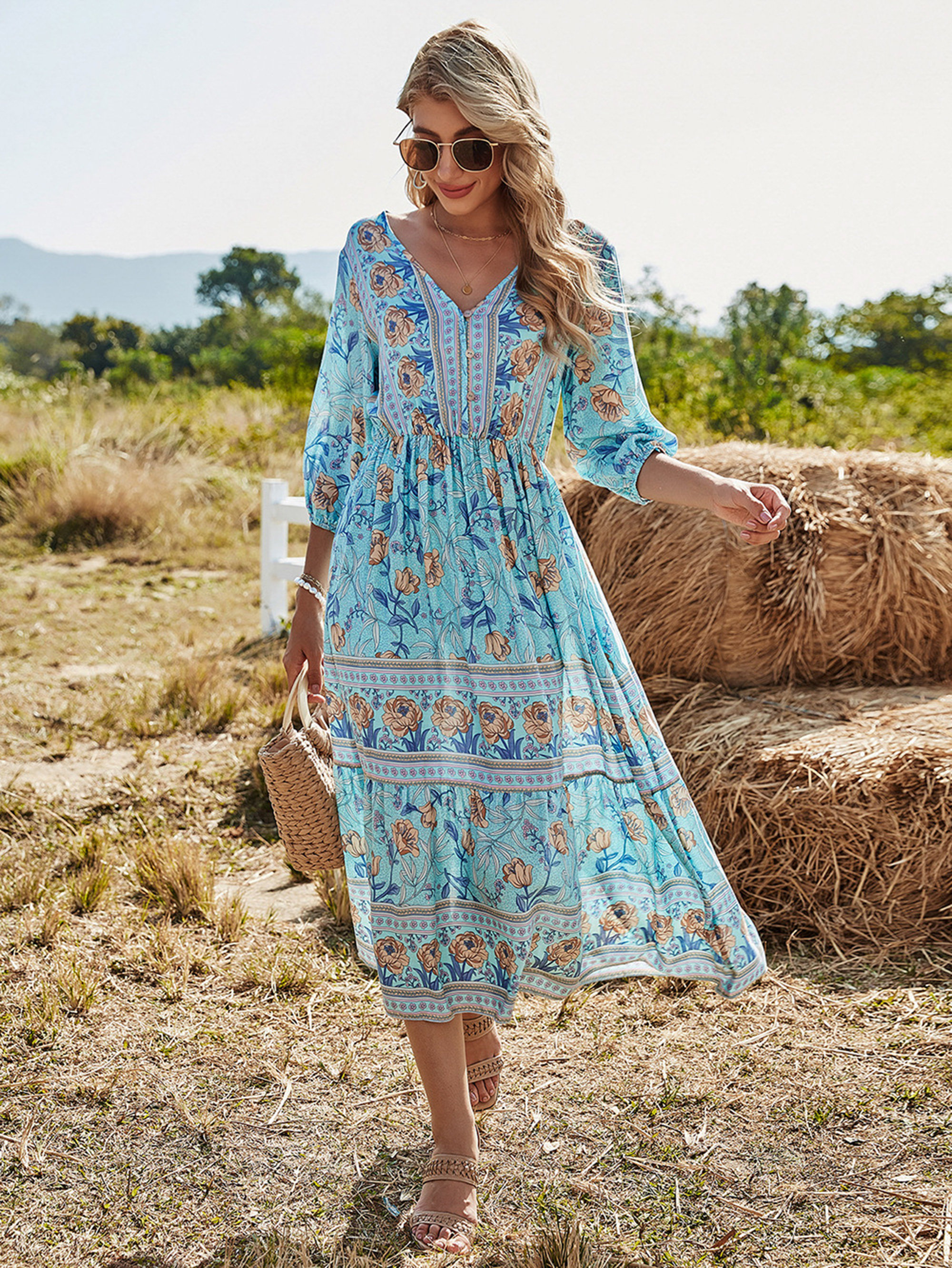 Midi Dress With Sleeves Bohemian Dress 