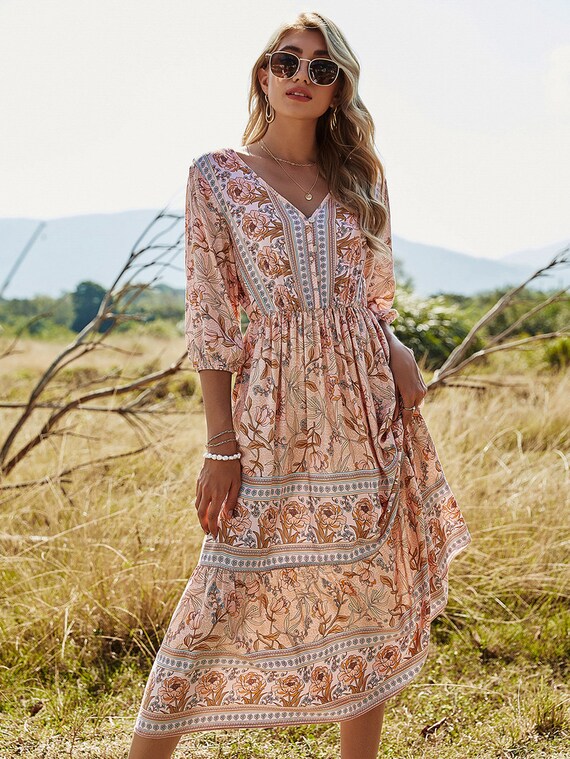 Midi Dress With Sleeves Bohemian Dress 