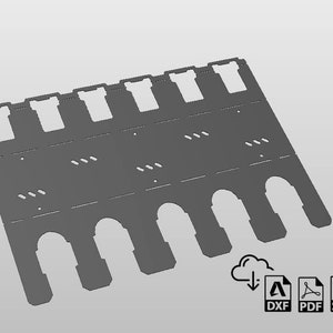 May include: A gray, laser-cut, architectural building facade with five arched doorways and multiple windows. The facade is designed for model building and is available in digital download formats: DXF, PDF, and SVG.