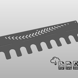 May include: A dark grey metal comb-shaped object with a decorative arrow pattern and arched cutouts. The design includes small holes and is likely for crafting or design purposes. Includes PDF, SVG, and DXF file icons.