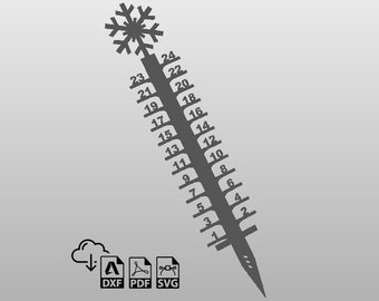May include: Black and white silhouette of a thermometer with a snowflake at the top. The thermometer has numbers from 1 to 24.